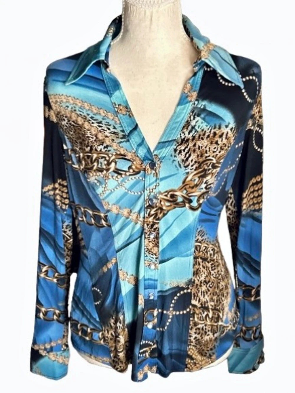 Vintage Y2K CACHE Beautiful Blue Snap Down Chain Animal Print Top Shirt Long